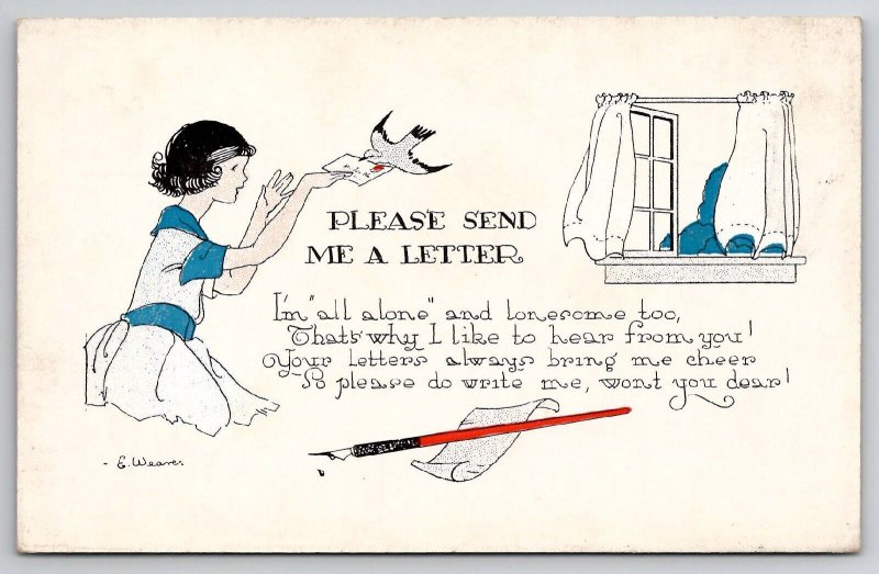 Artist Signed E Weaver Woman Sending Letter With Bird I'm All Alone Postcard L21