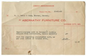 Abernathy Furniture Co. Kansas City Mo. Vintage 10-31-32 Credit Memorandum