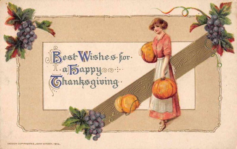 Thanksgiving Greetings Woman with Pumpkins Winsch Vintage Postcard JJ658802