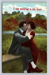 Lovers on Bench by Water I am Making a Hit Here Vintage Postcard 1008
