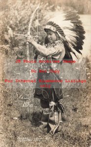 Native American Menominee Indian, RPPC, Boy in Costume Shooting Arrow, Wisconsin