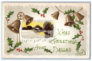 Dallas Maine Postcard Xmas Greetings Bells Glitter Embossed 1910 Vintage Antique