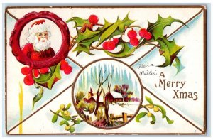1910 Christmas Santa Claus Holly Berries House Winter Snow Embossed Postcard 