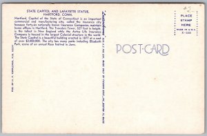 Vtg Hartford Connecticut CT State Capitol Lafayette Statue 1950s View Postcard