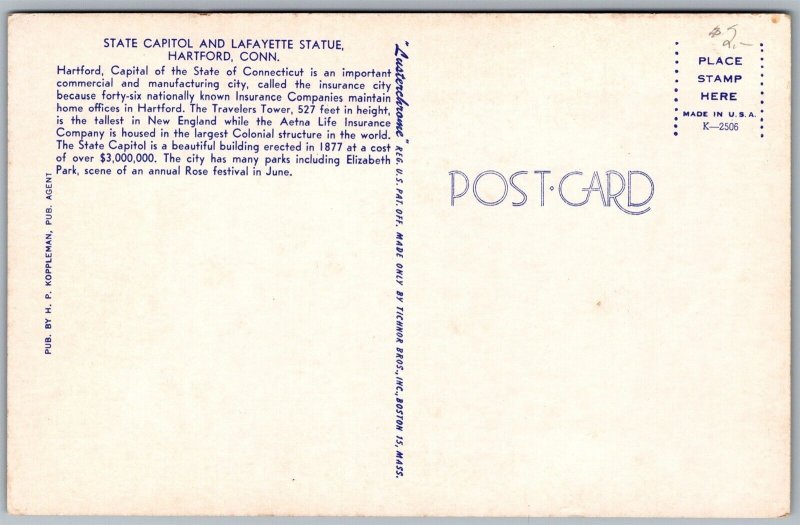 Vtg Hartford Connecticut CT State Capitol Lafayette Statue 1950s View Postcard