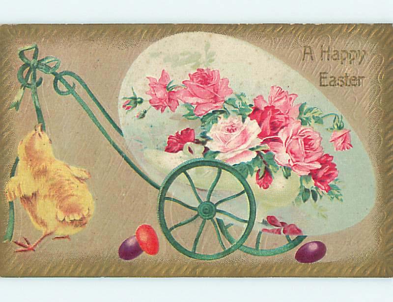 Divided-Back Easter CHICK WITH GREEN EGG AND ROSE FLOWERS ON CART o6578