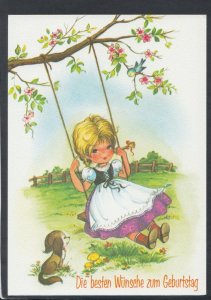 Children Postcard - Girl on a Swing - Die Besten Wunsche Zum Geburtstag RR7266