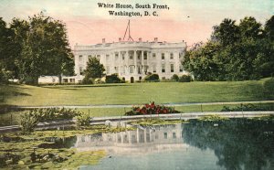 Vintage Postcard White House South Front Lake Green Landmark Washington D.C.