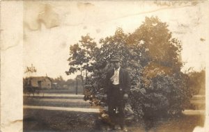 1910s RPPC Real Photo Postcard Gary Horn Man Standing By Tree Buggy Barn