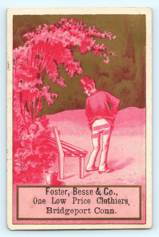 1880s Bridgeport CT Foster Besse Clothier Trade Card Comedy Steam Job Printer C9