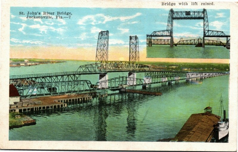 Postcard FL Jacksonville St. John's River Bridge with Lift Raised 1920s S41
