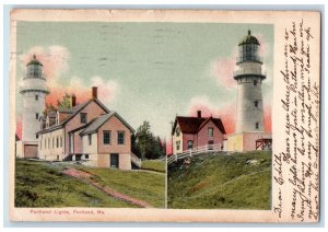1906 Portland Lights Dual View Scene Portland Maine ME Posted Vintage Postcard 