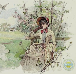 1880's Large Victorian Trade Card Clark's ONT Spool Cotton Spring Lovely Lady &B