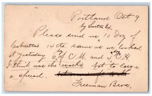 1890 Freeman Bros. Portland Maine ME Boston Massachusetts MA Posted Postal Card