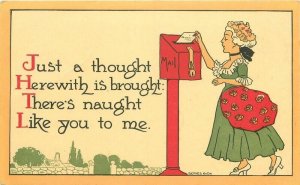 C-1910 Artist impression Woman at mailbox greeting Postcard 22-11375