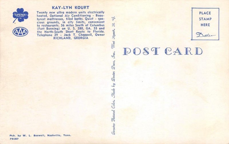 KAY-LYN KOURT Richland, Georgia Mid-Century Modern Interior c1950s Postcard