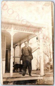c1910s Fat Professional Man House Porch RPPC Pet Dog Windmill Real Photo A142