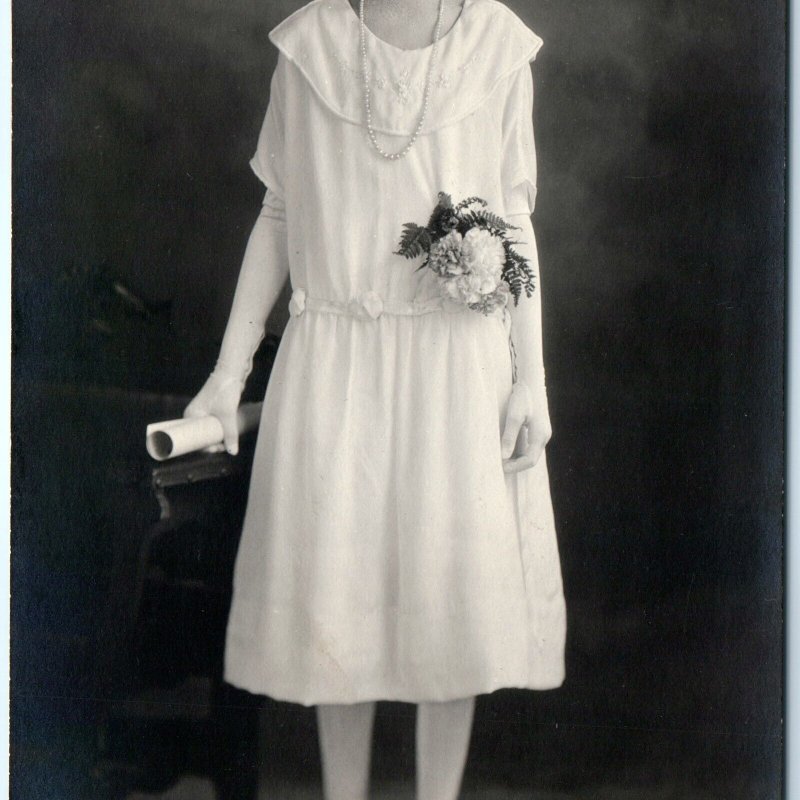 c1920s Stereotype Nerd Young Girl RPPC Buck Teeth Glasses Confirmation Geek A141