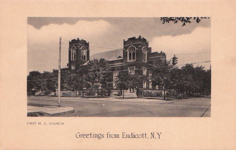 Postcard First M.E. Church Greetings from Endicott NY