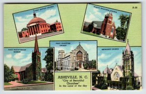 City Of Beautiful Churches Asheville North Carolina Postcard Linen Unposted NC