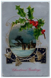 Christmas Greetings Mens Winter Holly Berries Ringing Bells Winsch Back Postcard 