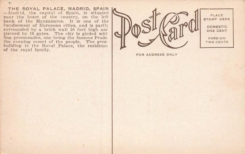 The Royal Palace, Madrid, Spain, Early Postcard, Unused