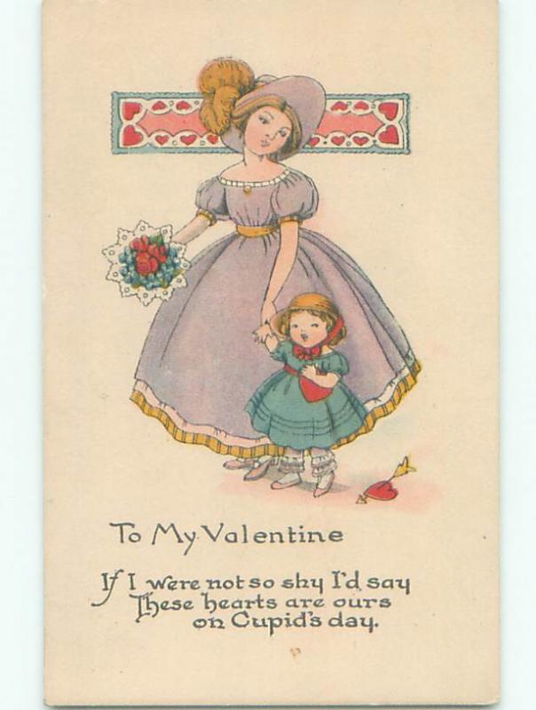 Pre-Linen valentine CUTE GIRL WALKING WITH MOM HOLDING FLOWERS J0205