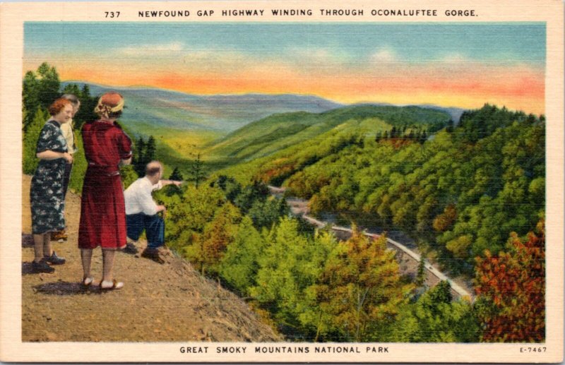 Postcard Great Smokey Mountains  Newfound Gap winding through Oconaluftee Gorge