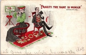 VINTAGE POSTCARD FRAILTY, THY NAME IS WOMAN SHAKESPEARE ADULT HUMOR c. 1900