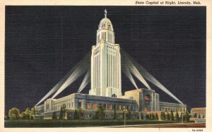 Vintage Postcard 1942 State Capitol Building at Night Lincoln Nebraska Structure