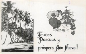 Venezuela New Year greetings photo postcard 1950s drawn Santa Claus