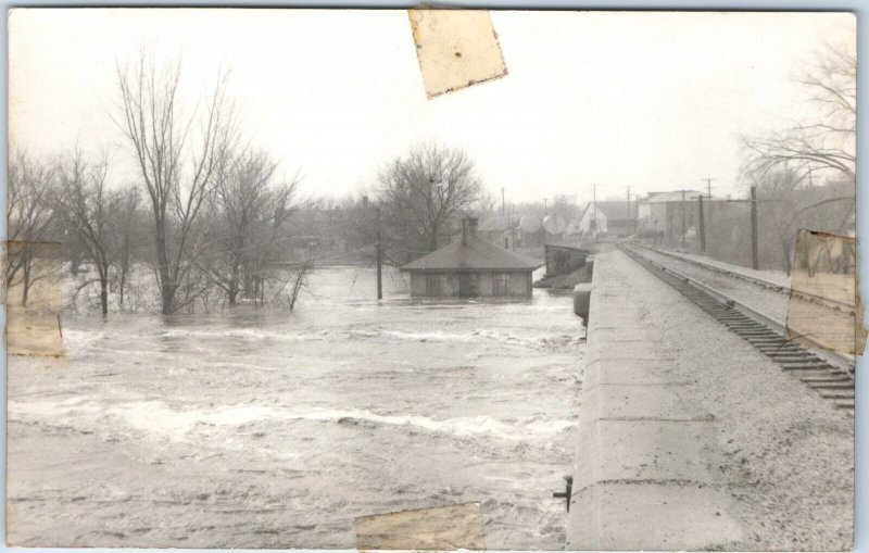 x2 LOT c1940s Unknown Flood RPPC Raging River Railroad Bridge Dam Photos IA A257