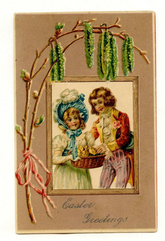 Easter Greetings Chicks In A Basket Vintage Embossed Standard View Postcard 