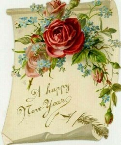 1891 Victorian Die-Cut New Year's Card Letter Roses Feather P216