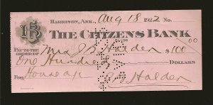 The Citizens Bank Harrison ARK 1922 Cancelled Check