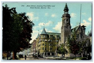 1911 Main Street Showing Post Office Hotel Racine Wisconsin WI Antique Postcard