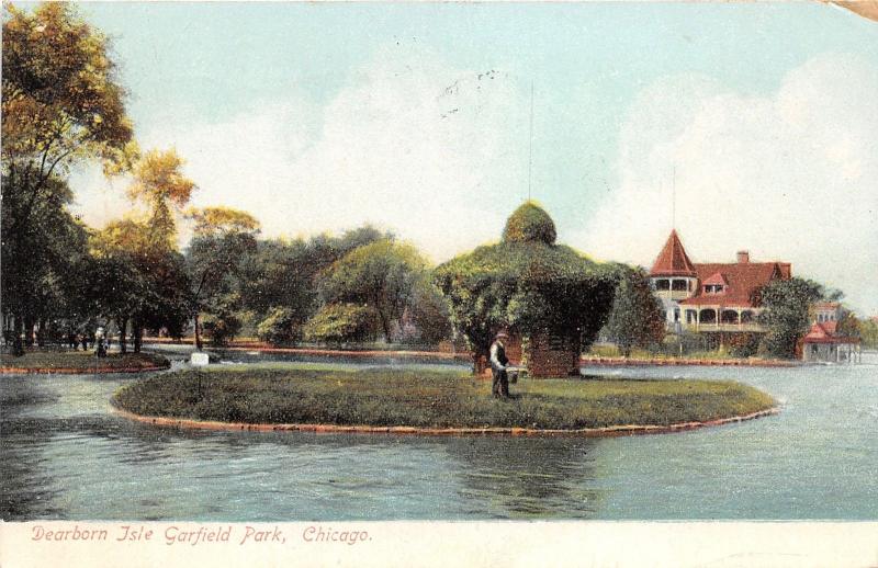 Chicago Illinois~Dearborn Isle~Garfield Park~Man on Island~1907 Postcard