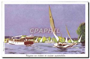 Postcard Old Boat Sailboat Regattas in river and motor cruiser