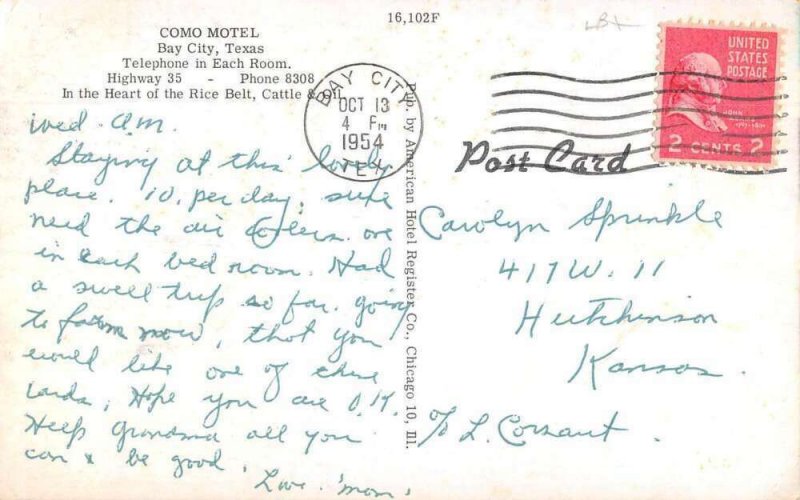 Bay City Texas Como Motel Vintage Postcard AA40465