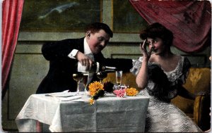 Victorian Romantic Couple Drinking Champagne Vintage Postcard C014