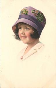 c1920 Postcard Beautifully Printed Girl in Purple & Green Hat Unknown Europe