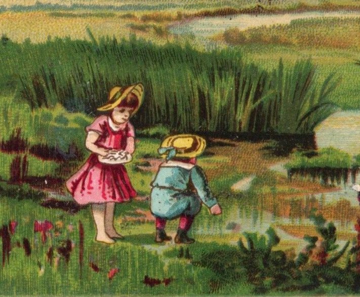 1880s Victorian Religious Trade Card Meadow Pond Cute Children #7C