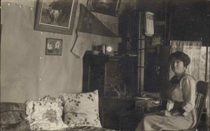 Woman Working Labor Telephone Operator in Home Real Photo Postcard