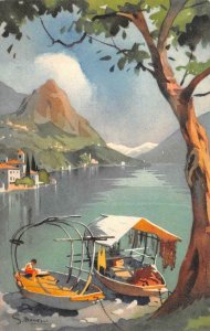 LUGANO SWITZERLAND SHIP MOUNTAINS ARTIST SIGNED S. BONELLI POSTCARD (c. 1920s)