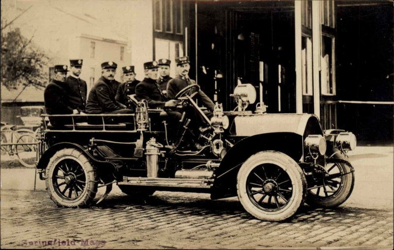 Springfield Massachusetts MA Fire Engine & Fire Fighters Real Photo Postcard