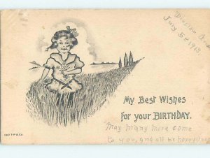 Pre-Linen signed COBB SHINN - GIRL PICKING DAISY FLOWERS IN THE MEADOW HJ4347