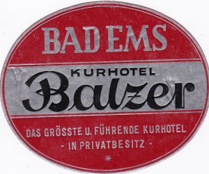 Germany Bad Ems Kurhotel Balzer Vintage Luggage Label sk2196