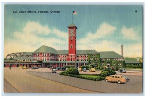 c1940 Exterior View Union Station Building Classic Cars Portland Oregon Postcard