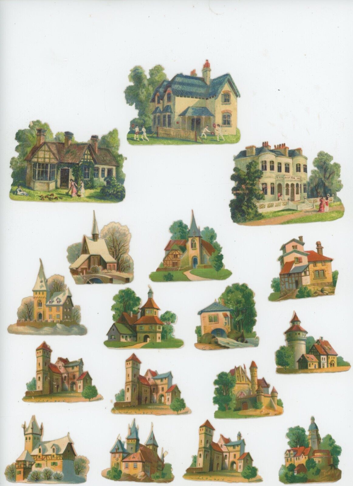 1880's Builldings Churches House Lot Of 17 Victorian Die Cut Trade Card