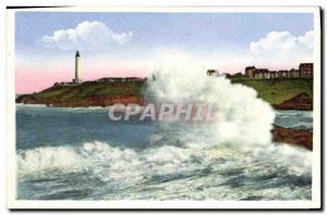 Postcard Old Lighthouse Biarritz waves Effect In the light background